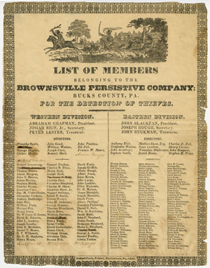 Brownsville Persistive Horse Company. List of Members. Doylestown, Pa.: Samuel Fretz, 1842.